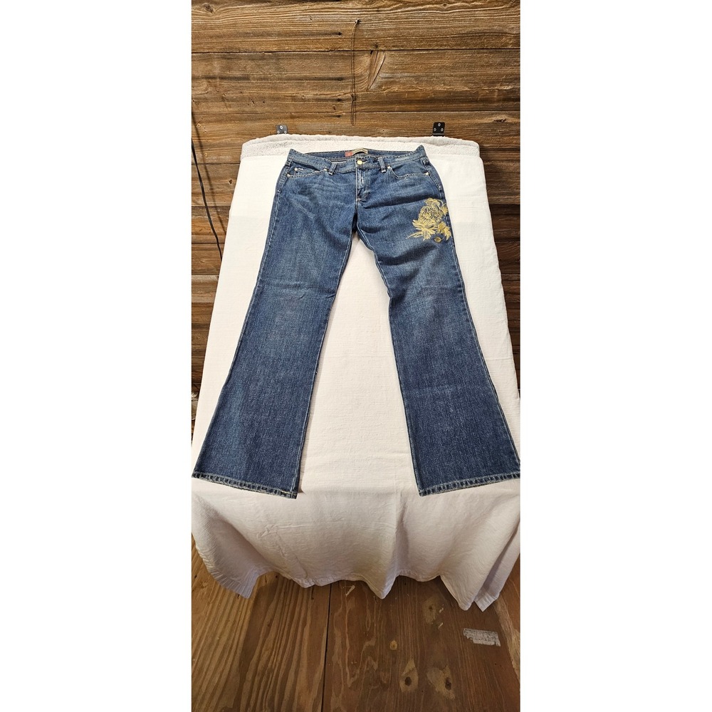 Old Navy Ultra Low Waist Bootcut Jeans Blue Floral Embroidered Womens 12 Regular